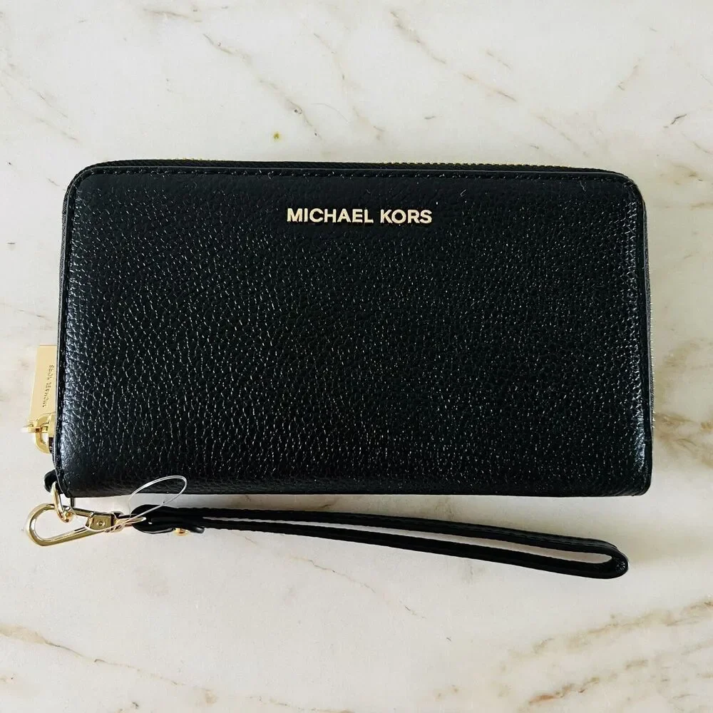MICHAEL KORS Black Leather Flat Multi Function Phone Case Zip Wallet Wristlet